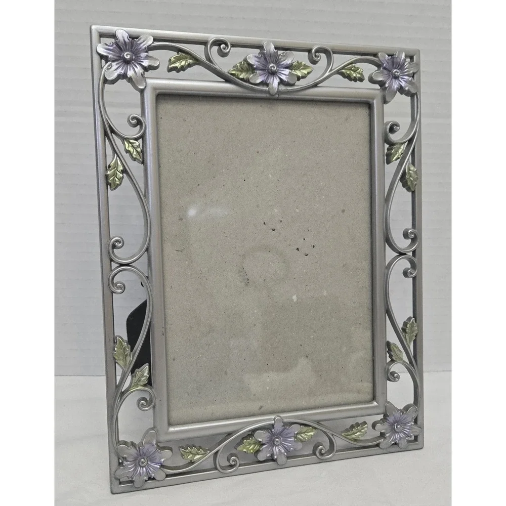 Vintage Ornate Silver Metal 5x7 Picture Frame with Purple Enamel Flowers